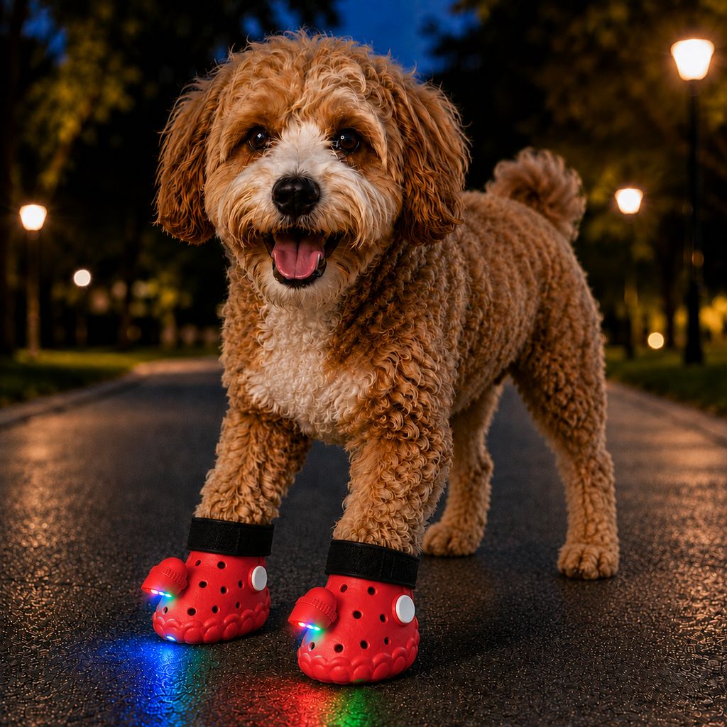 Step-Activated Light-Up Dog Boots featuring RGB flashing lights for enhanced visibility during night walks, designed for paw protection with durable EVA material. 15