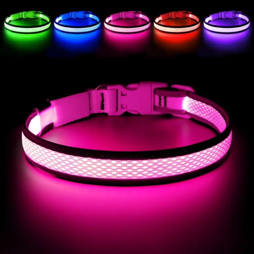 USB rechargeable LED dog collar featuring an anti-lost design, perfect for night walks, made from comfortable soft fabric. 8