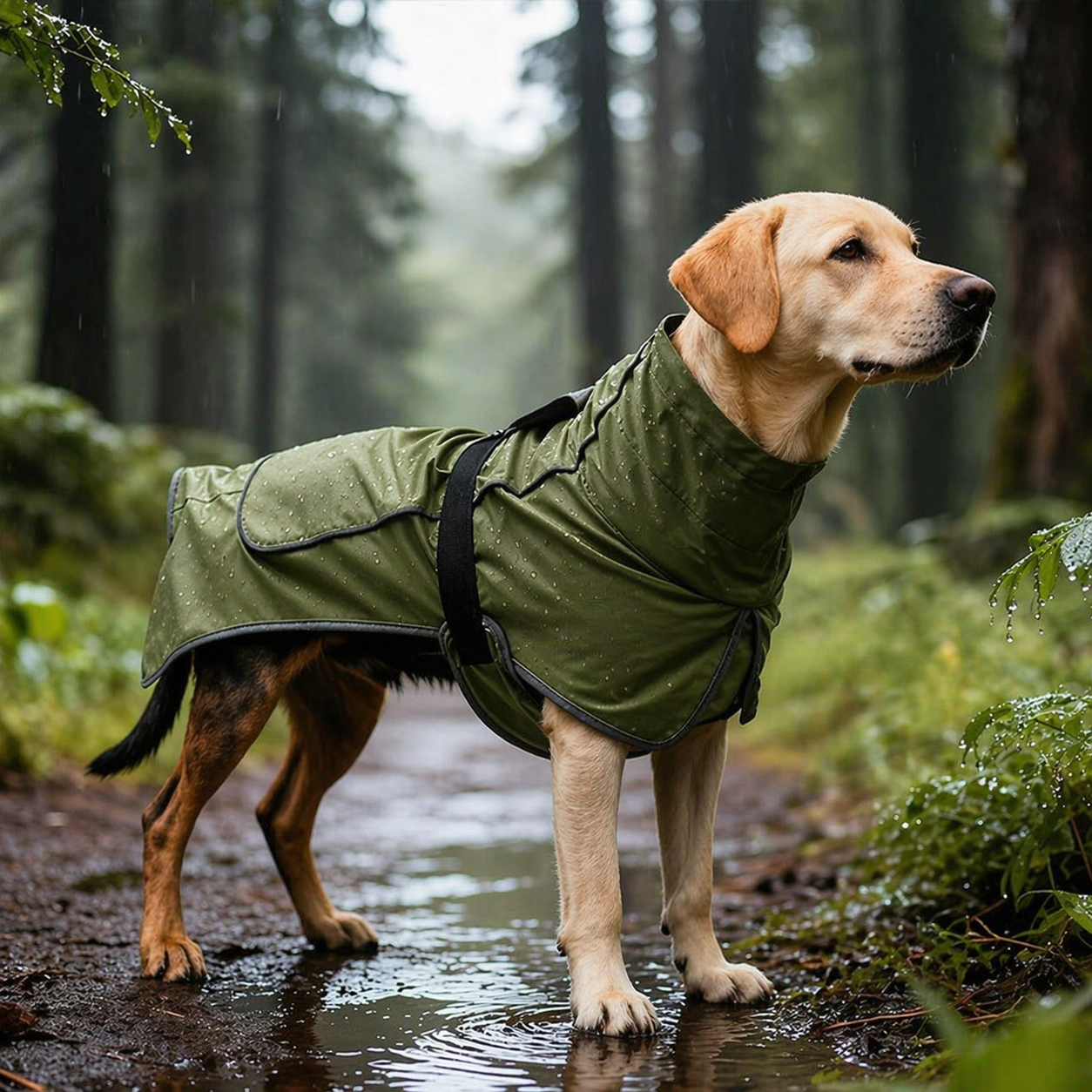 Waterproof dog raincoat featuring adjustable straps and reflective strips, designed for all-weather protection for small, medium, and large dogs. 1