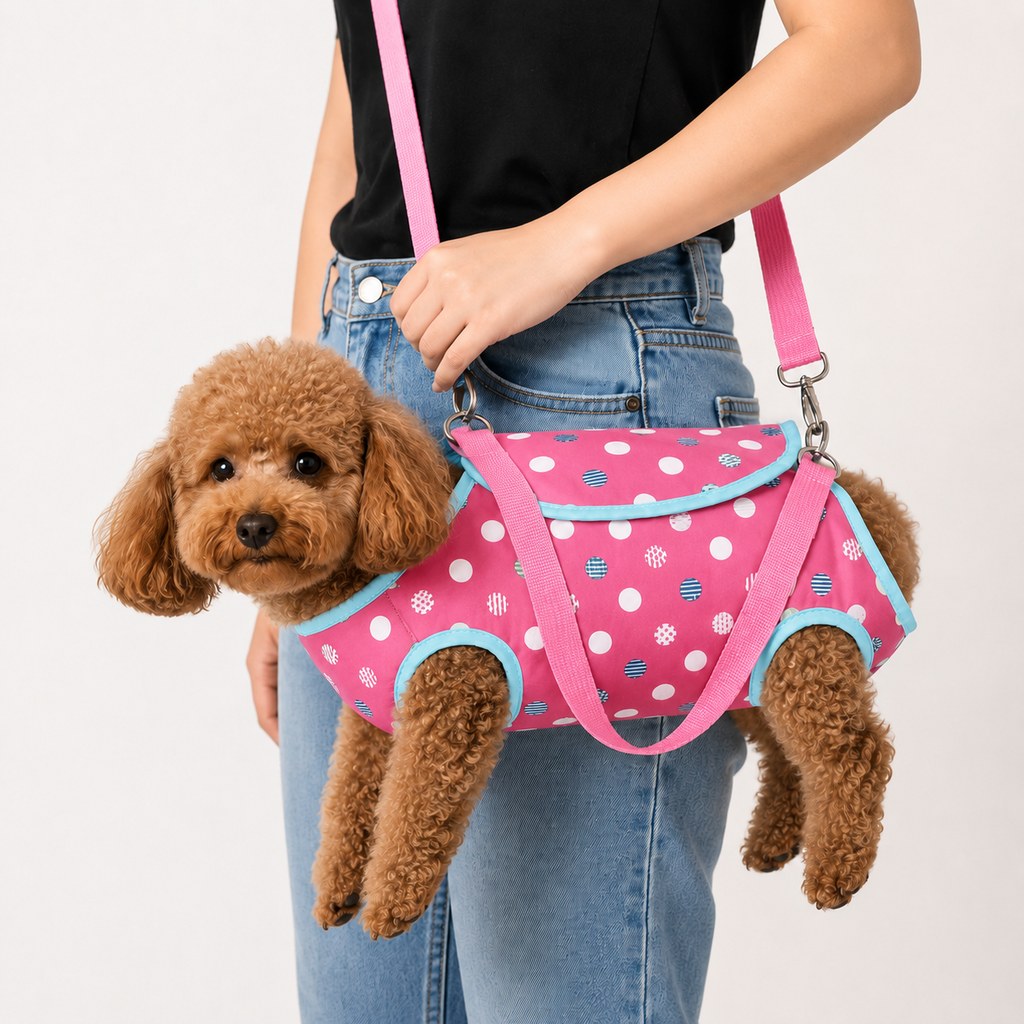 Wearable pet carrier harness for small dogs and cats featuring breathable mesh fabric, hands-free design, and available in playful polka dot patterns. 9