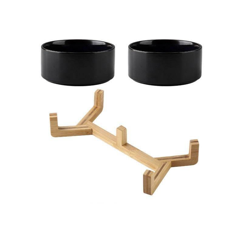 CelestiPaw Starry Sky Ceramic Cat Bowl – Double Bowl with Wooden Frame for Neck Protection