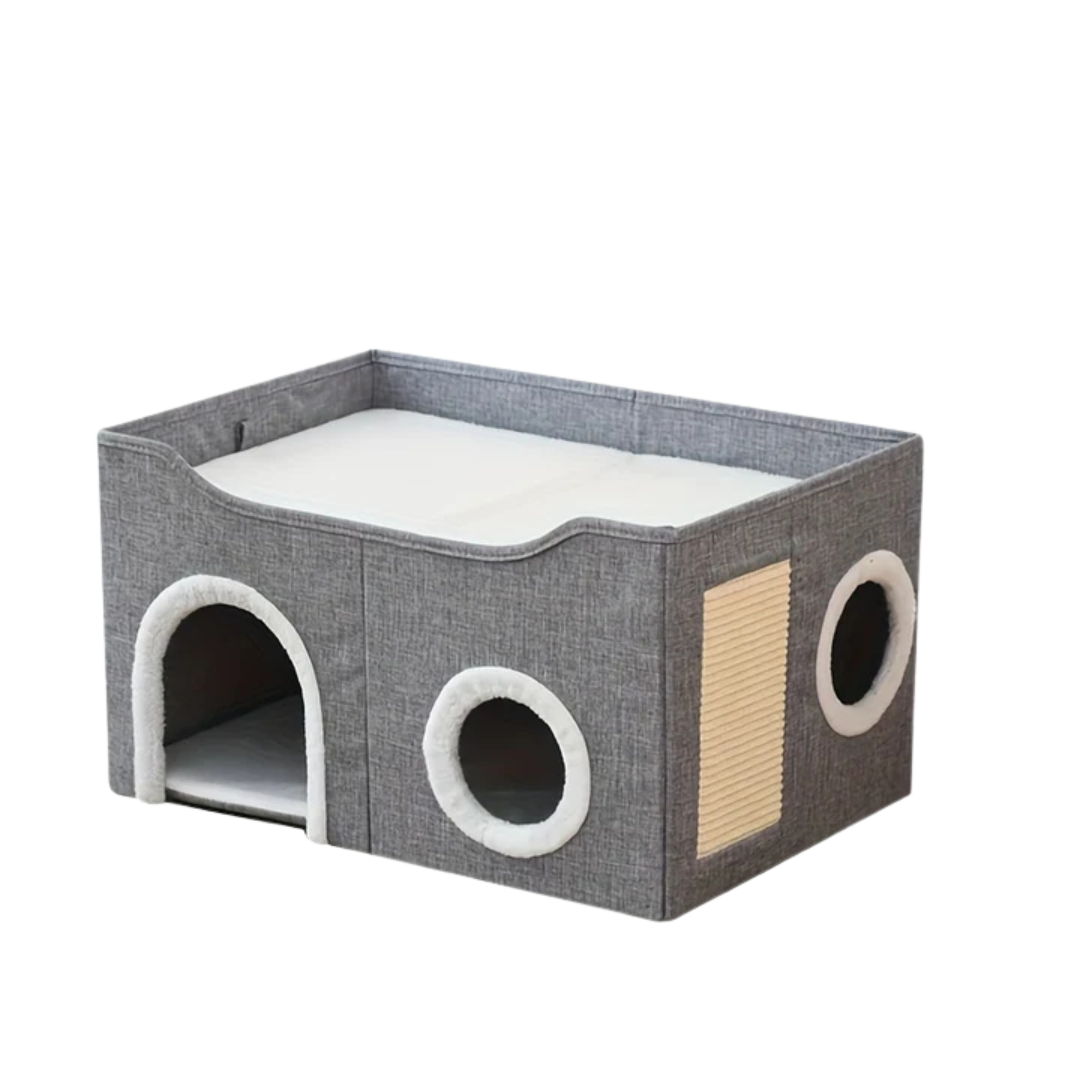 Foldable Cat House with Tunnel, Scratcher & Cozy Bed – Multi-Level Design