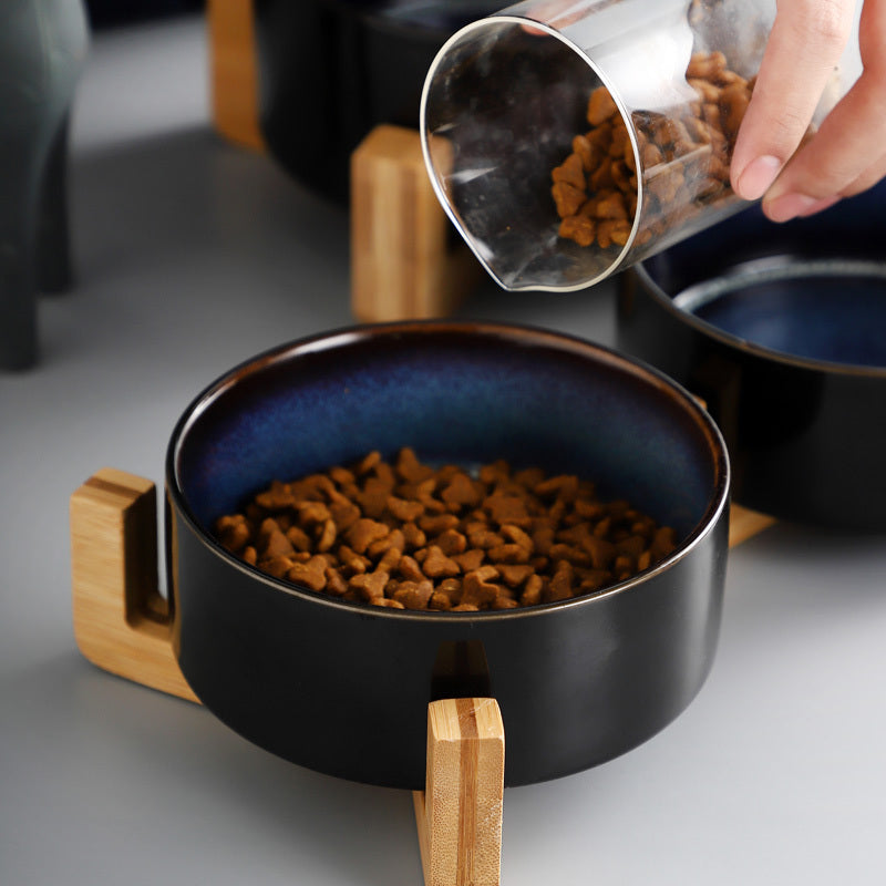 CelestiPaw Starry Sky Ceramic Cat Bowl – Double Bowl with Wooden Frame for Neck Protection