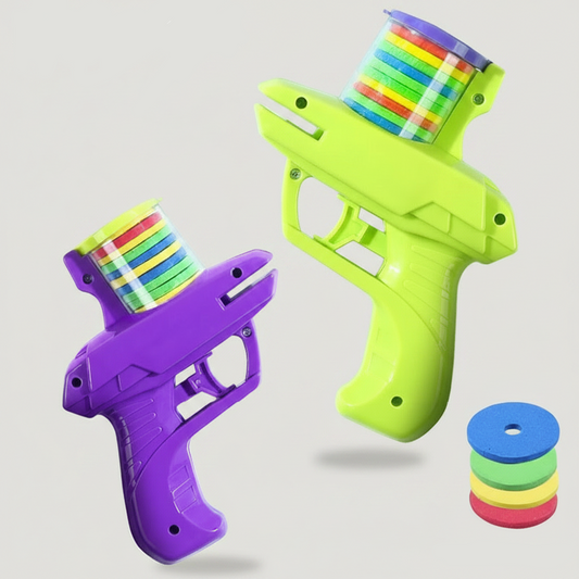 2-in-1 Launcher Toy for Pets and Kids featuring soft bullets and discs, lightweight ergonomic design for interactive play and fun activities. 0