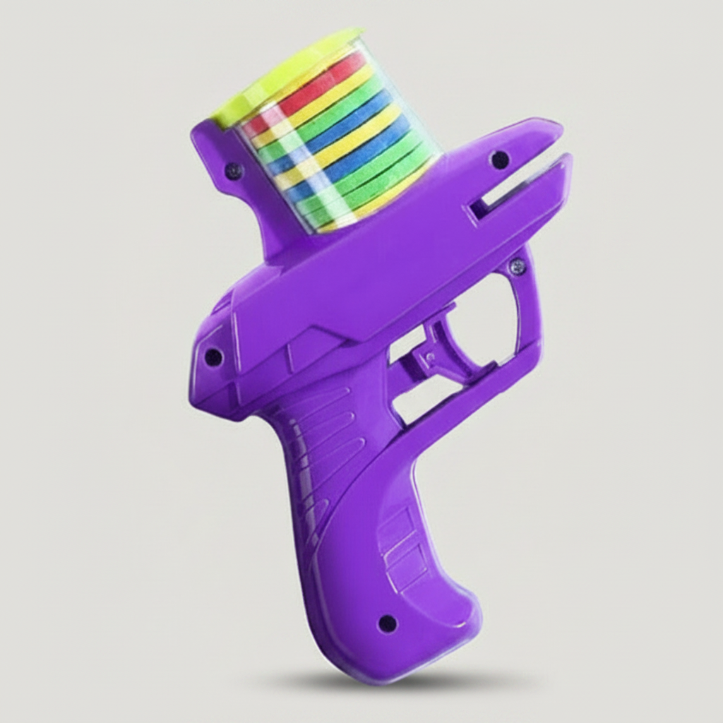 2-in-1 Launcher Toy for Pets and Kids featuring soft bullets and discs, lightweight ergonomic design for interactive play and fun activities. 2