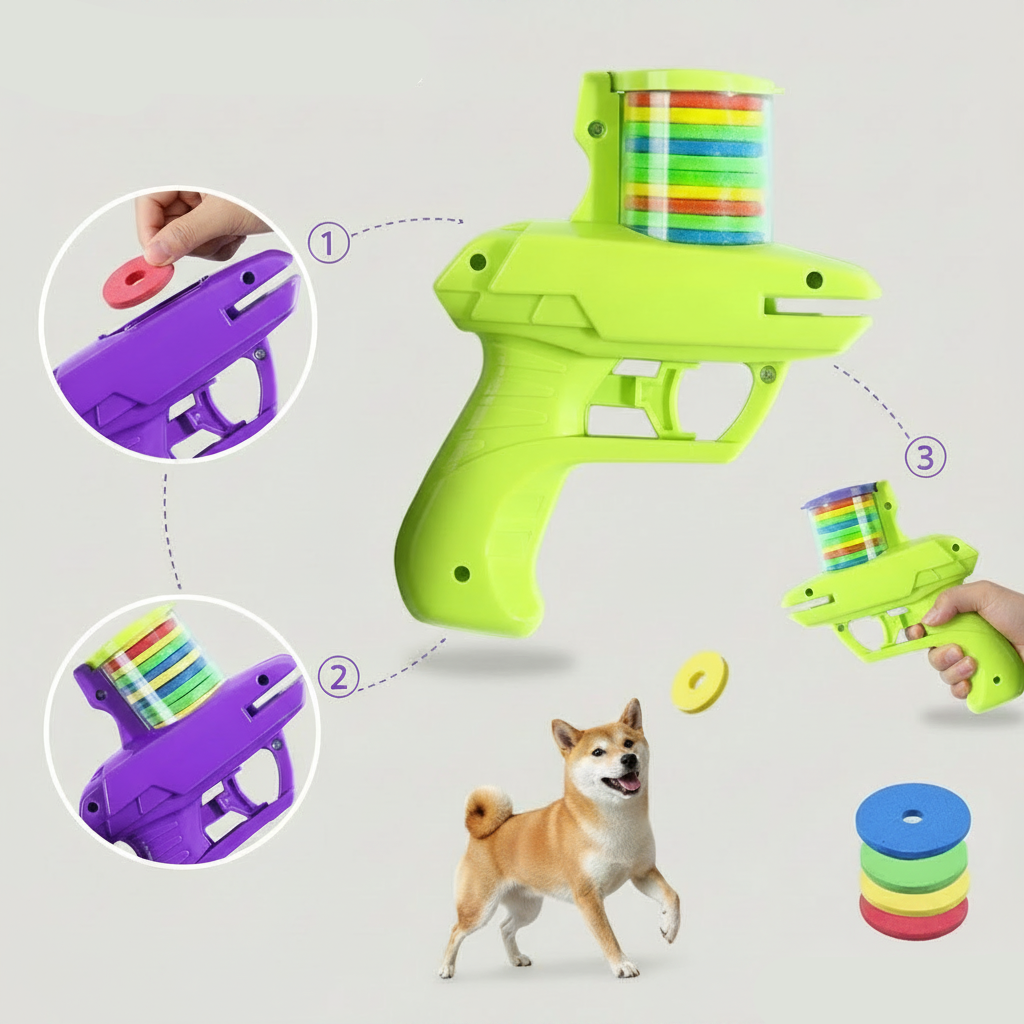 2-in-1 Launcher Toy for Pets and Kids featuring soft bullets and discs, lightweight ergonomic design for interactive play and fun activities. 3