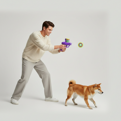 2-in-1 Launcher Toy for Pets and Kids featuring soft bullets and discs, lightweight ergonomic design for interactive play and fun activities. 4