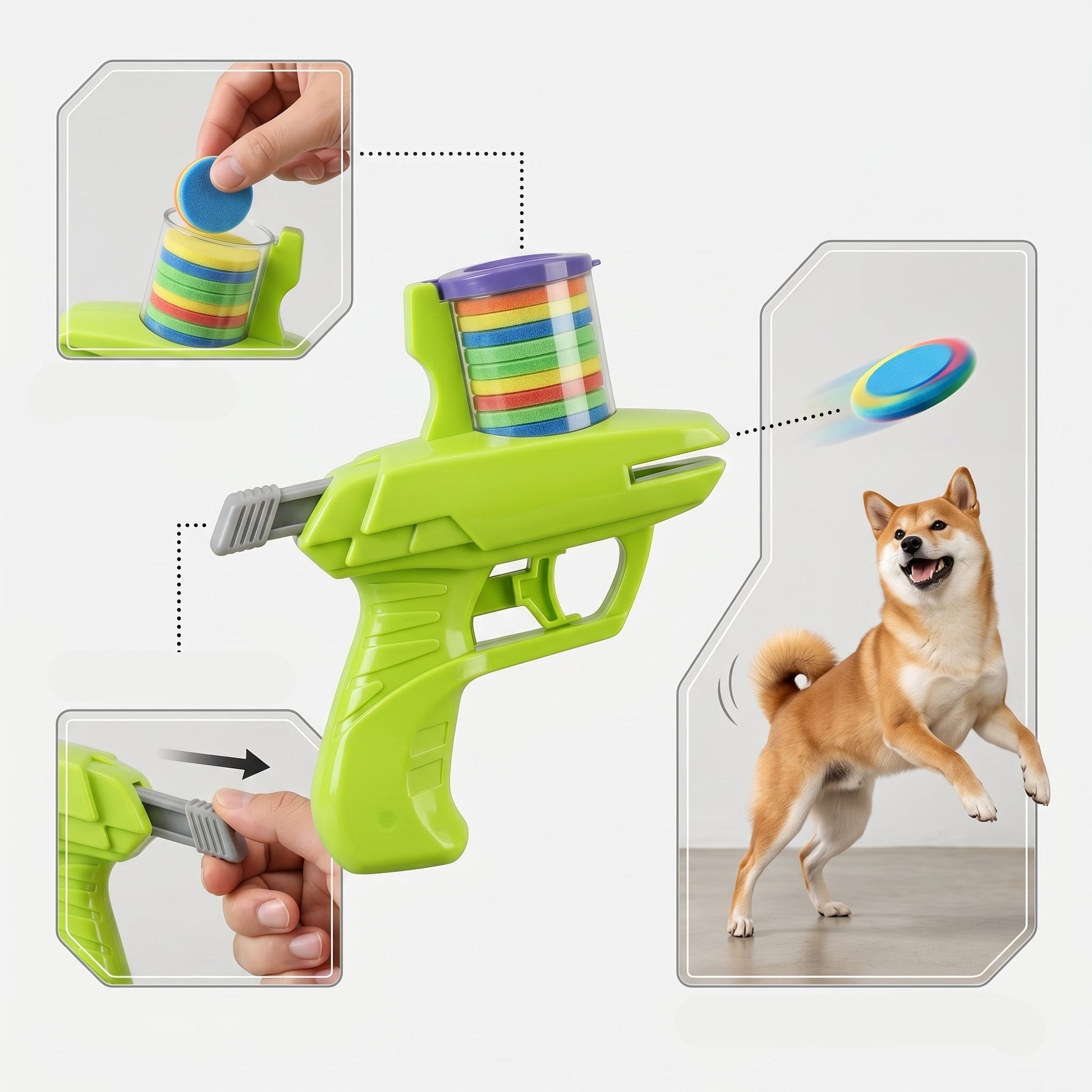 2-in-1 Launcher Toy for Pets and Kids featuring soft bullets and discs, lightweight ergonomic design for interactive play and fun activities. 7