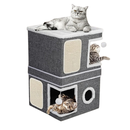 Foldable Cat House with Tunnel, Scratcher & Cozy Bed – Multi-Level Design