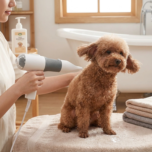3-in-1 dog grooming tool featuring a hair dryer and brush, designed with pet-safe durable materials, suitable for all dog breeds. 0