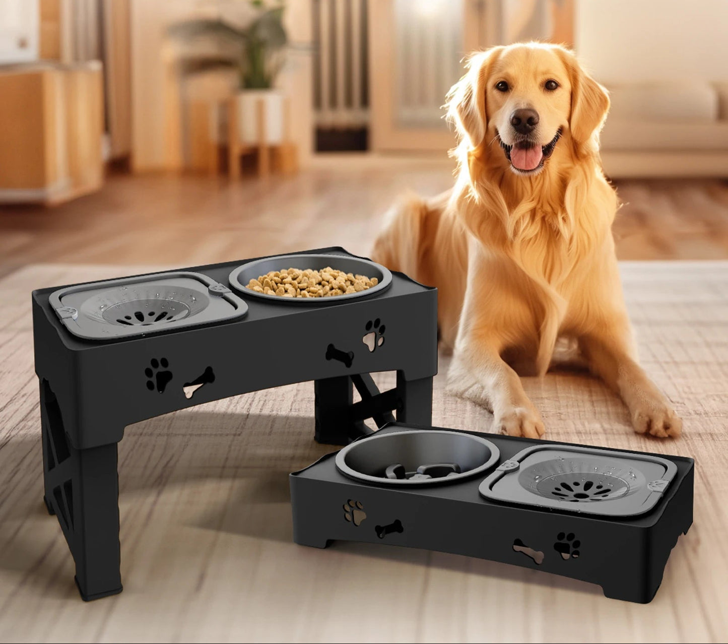 3-in-1 Elevated Pet Feeder with Adjustable Height and Slow Feeder – Black 3