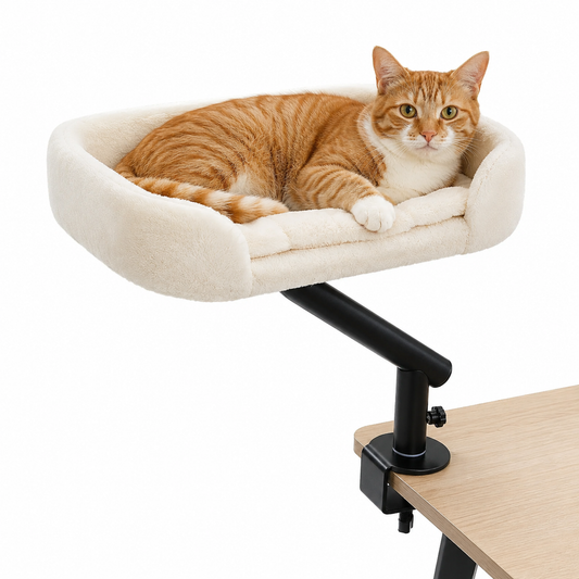 360° rotating cat hammock featuring an adjustable hanging basket, designed as a desk-mounted pet bed for ultimate comfort and playfulness for your feline friend. 1