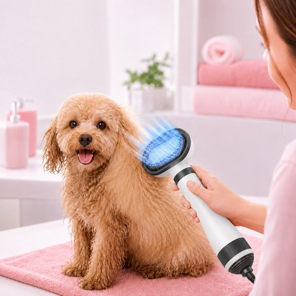 4-in-1 pet brush designed for dogs and cats, featuring drying and detangling functions, low-noise operation, and ergonomic handle for comfortable 0