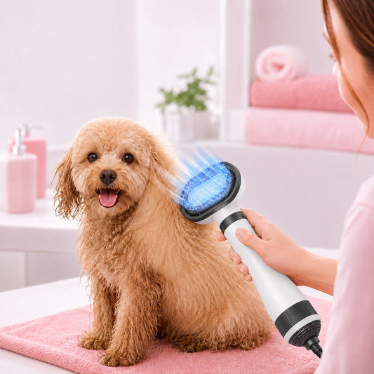4-in-1 pet brush designed for dogs and cats, featuring drying and detangling functions, low-noise operation, and ergonomic handle for comfortable 0