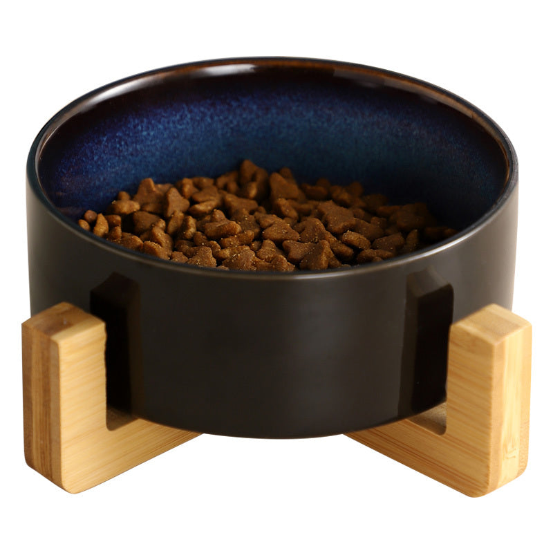 CelestiPaw Starry Sky Ceramic Cat Bowl – Double Bowl with Wooden Frame for Neck Protection