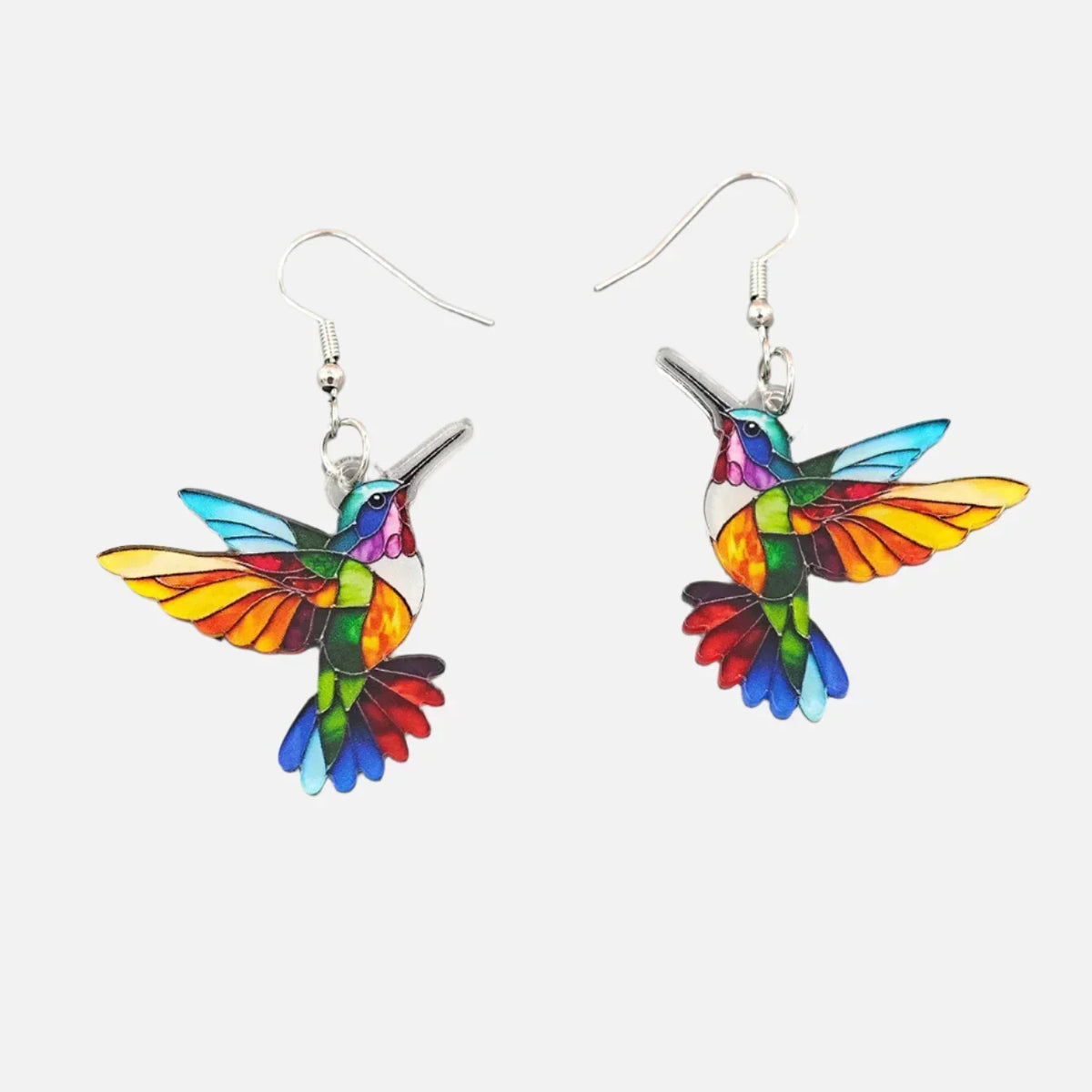 Acrylic hummingbird earrings featuring vibrant rainbow colors, lightweight 2.5-inch statement dangles perfect for adding a pop of color to any outfit. 1