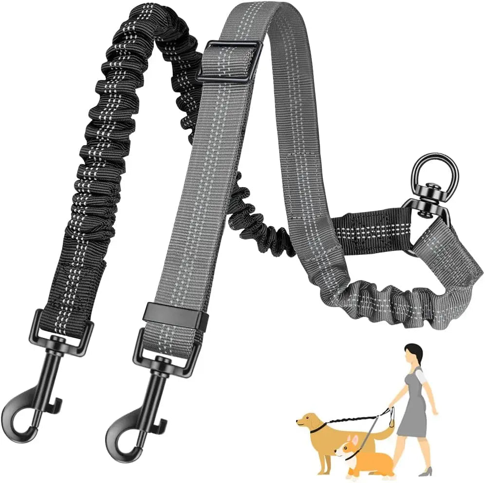 Adjustable Bungee Dog Leash for Two Dogs – Shock-Absorbing, Tangle-Free, Reflective Nylon Design 1