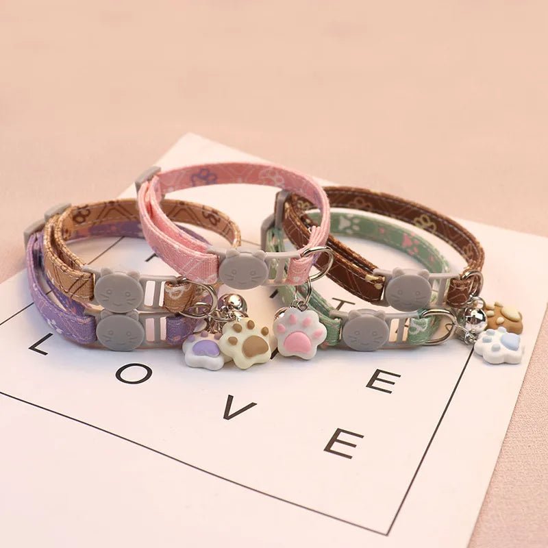 Adjustable Cat Collar with Paw Print Design and Bell, Soft Polyester for Small Pets, Fits Neck Sizes Up to 34 cm 2