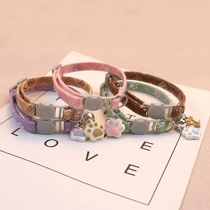 Adjustable Cat Collar with Paw Print Design and Bell, Soft Polyester for Small Pets, Fits Neck Sizes Up to 34 cm 2