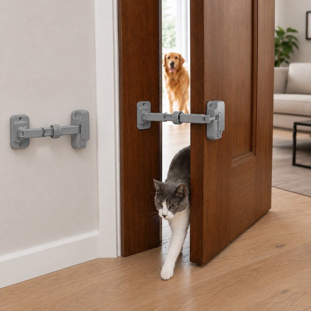 Adjustable cat door latch featuring a no-cut design for easy installation, crafted from white ABS plastic with a durable aluminum bar. 0