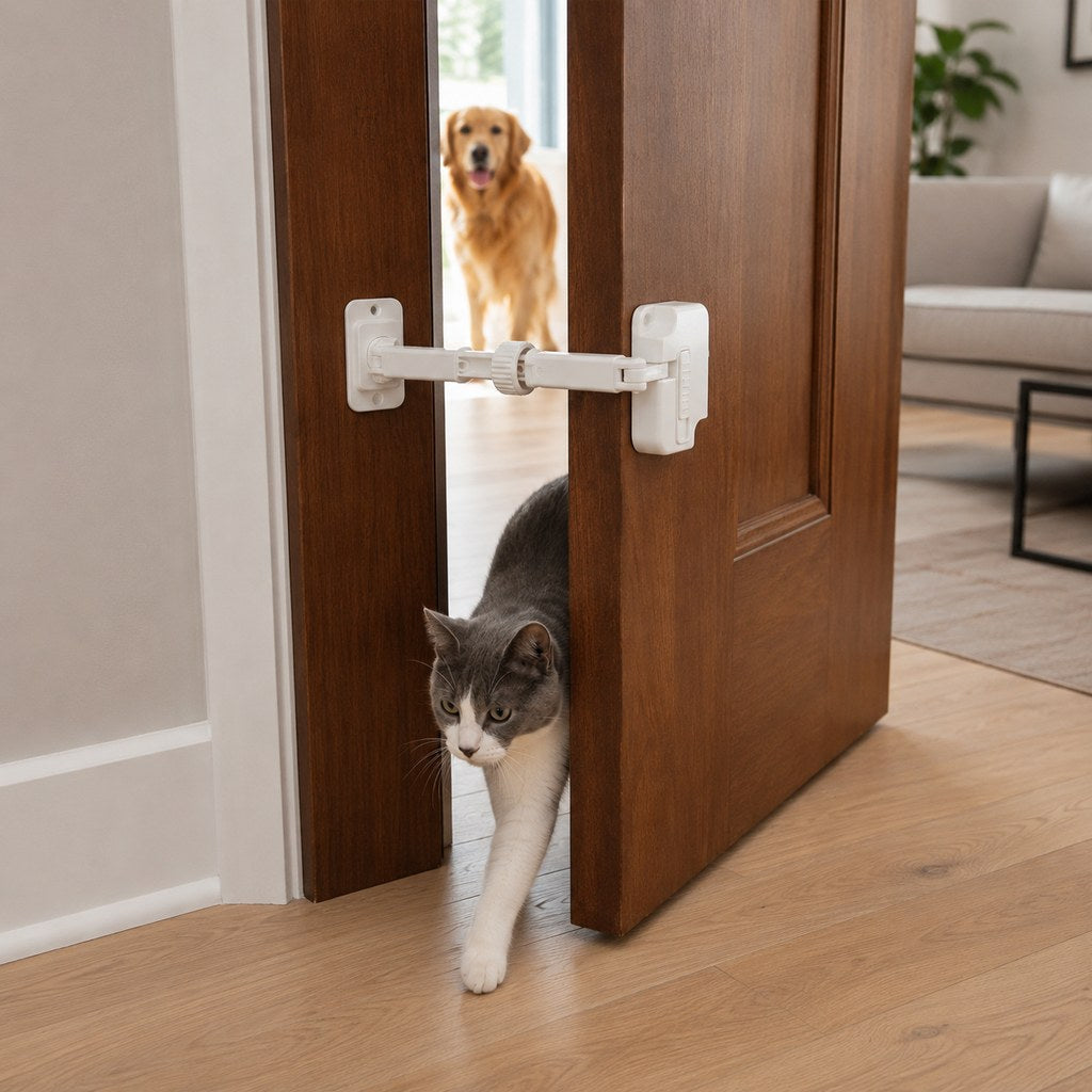 Adjustable cat door latch featuring a no-cut design for easy installation, crafted from white ABS plastic with a durable aluminum bar. 1