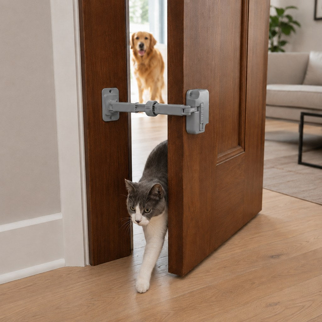 Adjustable cat door latch featuring a no-cut design for easy installation, crafted from white ABS plastic with a durable aluminum bar. 11