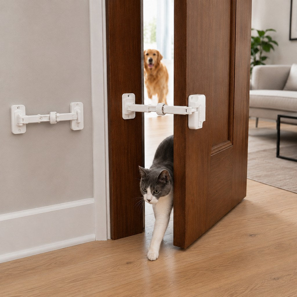 Adjustable cat door latch featuring a no-cut design for easy installation, crafted from white ABS plastic with a durable aluminum bar. 9