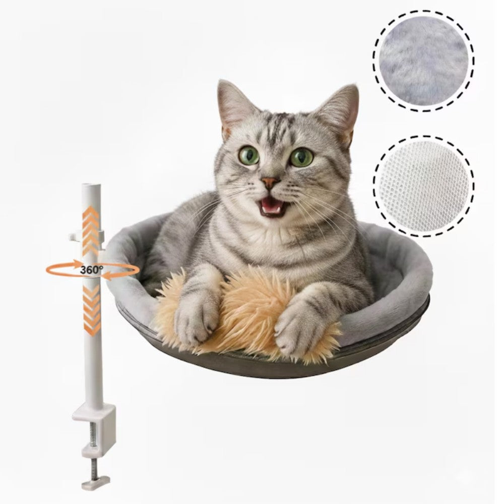 Adjustable cat hammock with 360-degree rotation, featuring a catnip pillow, designed for desk mounting as an indoor pet bed for cats. 0