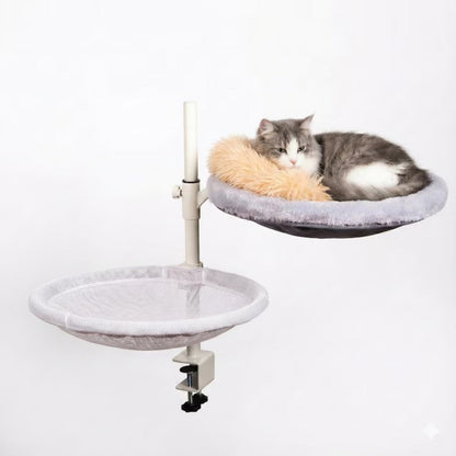 Adjustable cat hammock with 360-degree rotation, featuring a catnip pillow, designed for desk mounting as an indoor pet bed for cats. 3