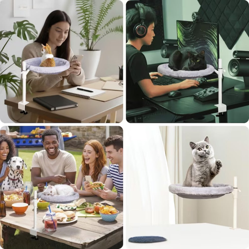 Adjustable cat hammock with 360-degree rotation, featuring a catnip pillow, designed for desk mounting as an indoor pet bed for cats. 7