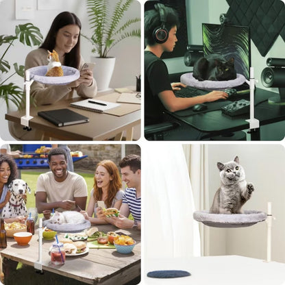 Adjustable cat hammock with 360-degree rotation, featuring a catnip pillow, designed for desk mounting as an indoor pet bed for cats. 7