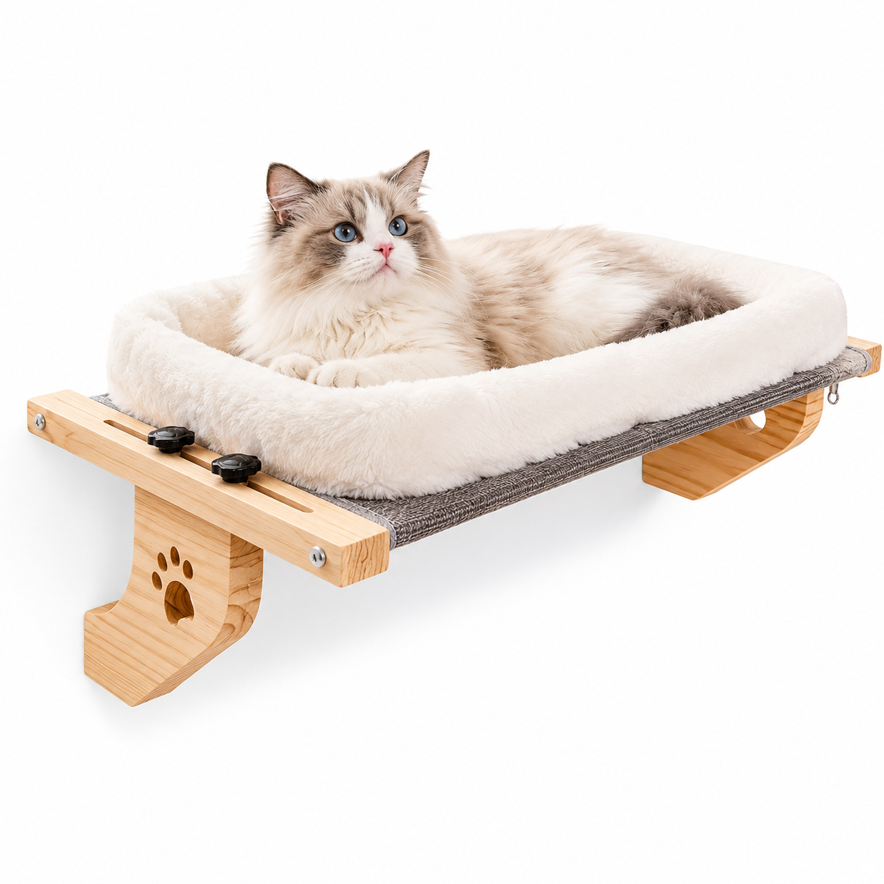 Adjustable cat window perch with a sturdy wooden frame, featuring a cozy hammock seat designed for cats to relax and enjoy the view. 0