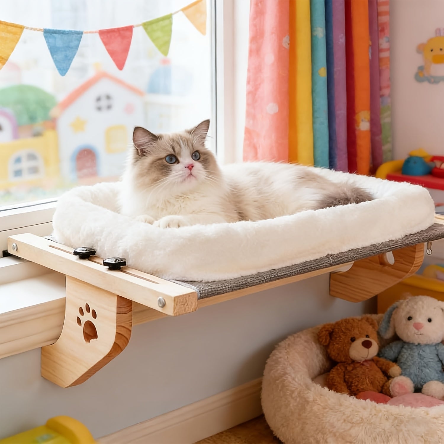 Adjustable cat window perch with a sturdy wooden frame, featuring a cozy hammock seat designed for cats to relax and enjoy the view. 1