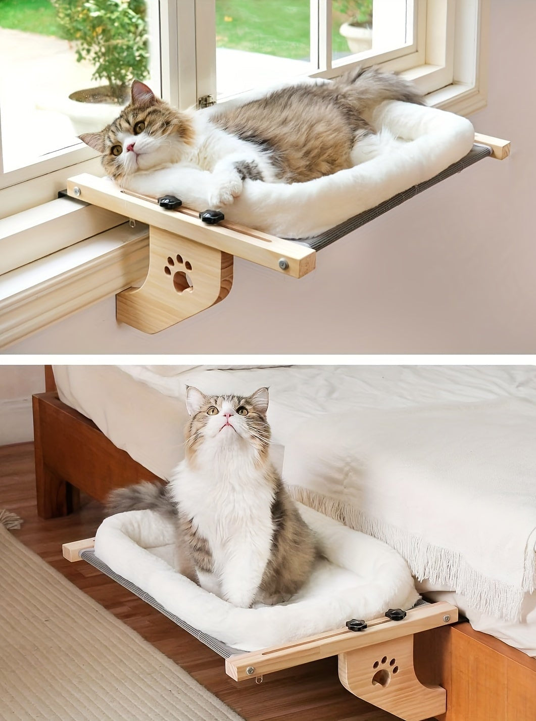 Adjustable cat window perch with a sturdy wooden frame, featuring a cozy hammock seat designed for cats to relax and enjoy the view. 2