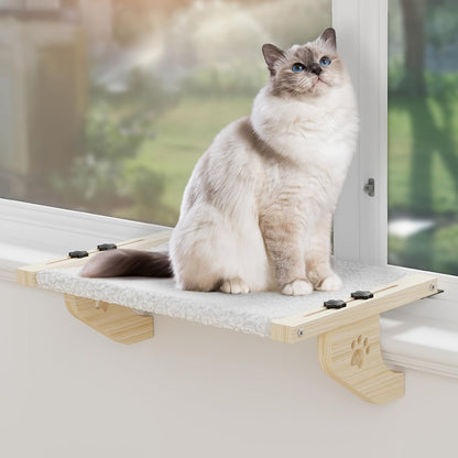 Adjustable cat window perch with a sturdy wooden frame, featuring a cozy hammock seat designed for cats to relax and enjoy the view. 7