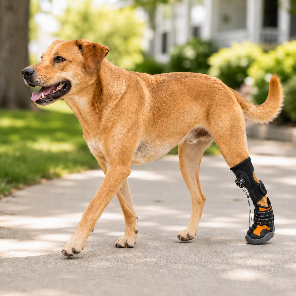 Adjustable dog boots with tension dial for optimal paw support, featuring reinforced traction design for indoor and outdoor use. 0