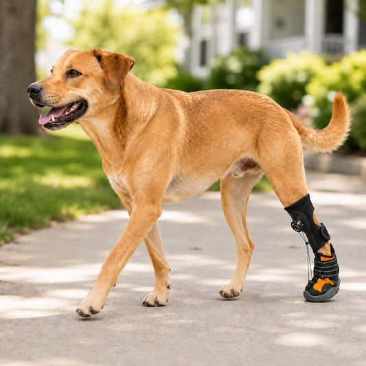 Adjustable dog boots with tension dial for optimal paw support, featuring reinforced traction design for indoor and outdoor use. 0