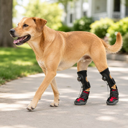 Adjustable dog boots with tension dial for optimal paw support, featuring reinforced traction design for indoor and outdoor use. 10