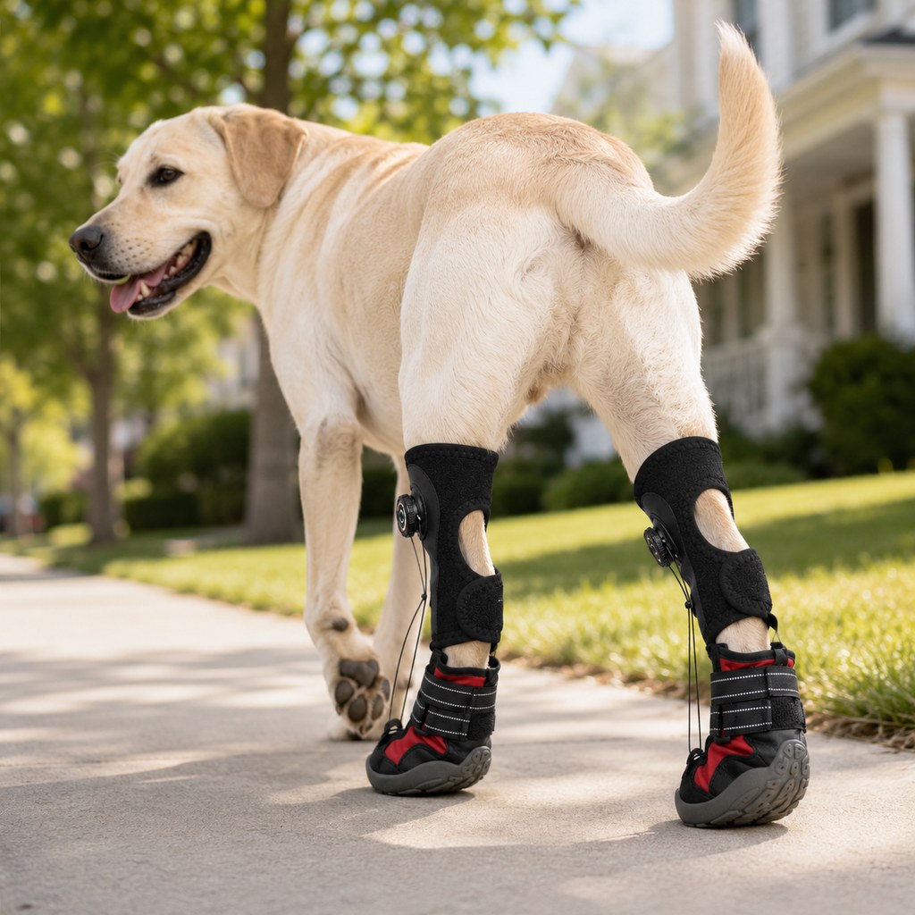 Adjustable dog boots with tension dial for optimal paw support, featuring reinforced traction design for indoor and outdoor use. 2