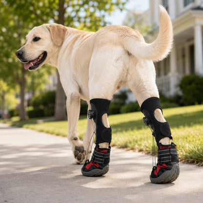 Adjustable dog boots with tension dial for optimal paw support, featuring reinforced traction design for indoor and outdoor use. 2