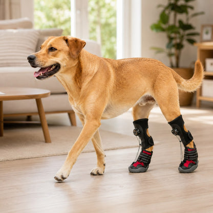 Adjustable dog boots with tension dial for optimal paw support, featuring reinforced traction design for indoor and outdoor use. 4