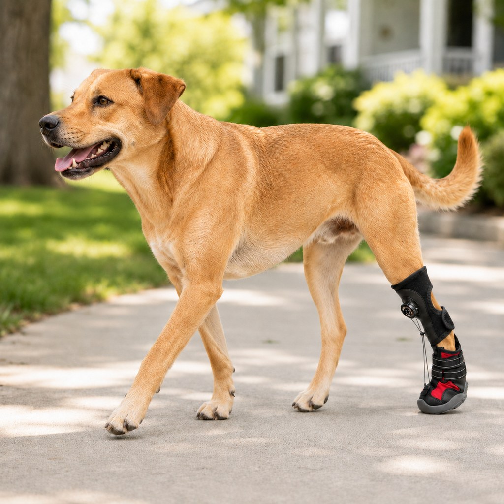 Adjustable dog boots with tension dial for optimal paw support, featuring reinforced traction design for indoor and outdoor use. 9