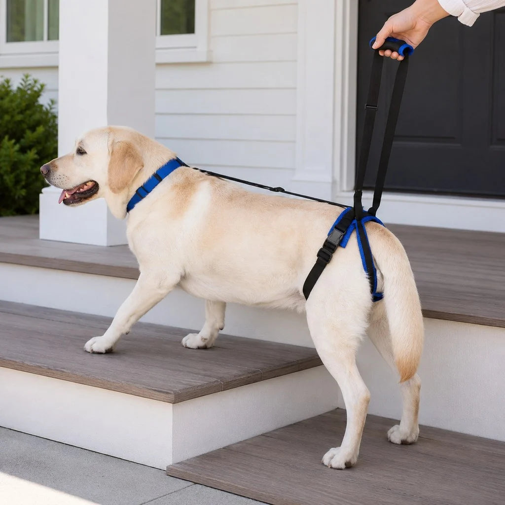 Adjustable dog harness for rear lift support, featuring a breathable mesh design for enhanced comfort and mobility, ideal for assisting pets with vehicle entry. 0