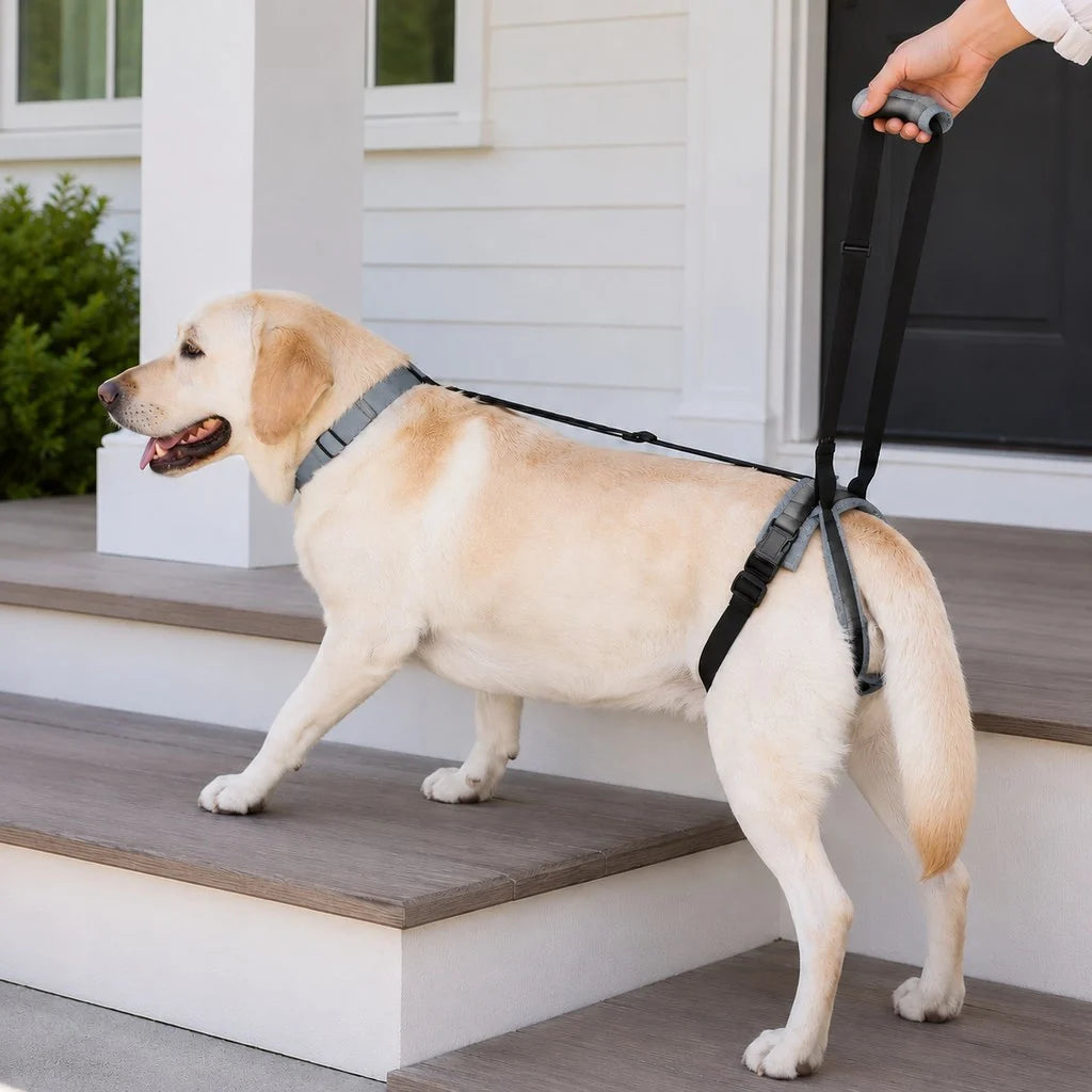 Adjustable dog harness for rear lift support, featuring a breathable mesh design for enhanced comfort and mobility, ideal for assisting pets with vehicle entry. 10