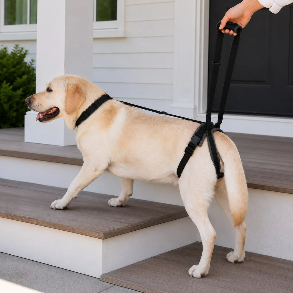 Adjustable dog harness for rear lift support, featuring a breathable mesh design for enhanced comfort and mobility, ideal for assisting pets with vehicle entry. 9