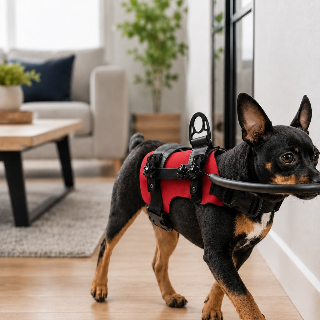 Adjustable dog harness made of lightweight nylon with a front bumper ring, designed for indoor navigation, ideal for blind and senior dogs. 0