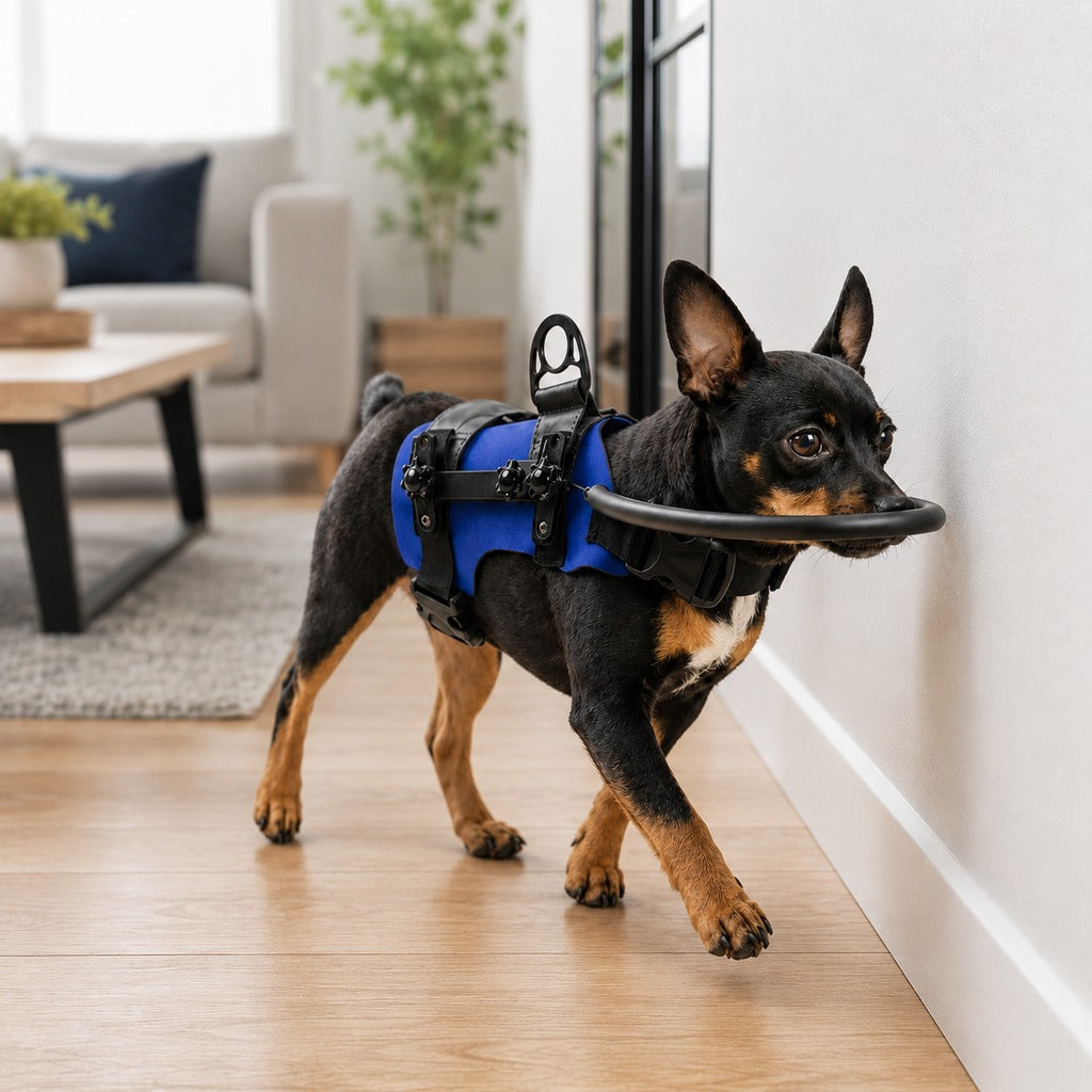 Adjustable dog harness made of lightweight nylon with a front bumper ring, designed for indoor navigation, ideal for blind and senior dogs. 1