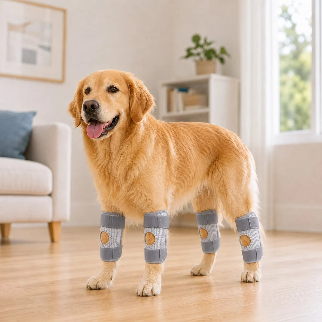 Adjustable dog knee brace designed for both front and rear legs, featuring a breathable 3-layer support system to enhance mobility and comfort for injured or recovering 0