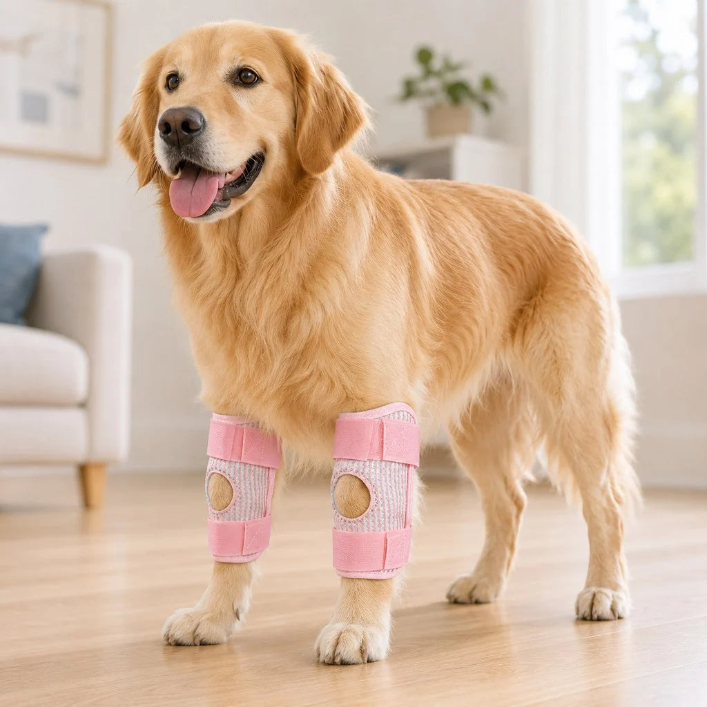 Adjustable dog knee brace designed for both front and rear legs, featuring a breathable 3-layer support system to enhance mobility and comfort for injured or recovering 1