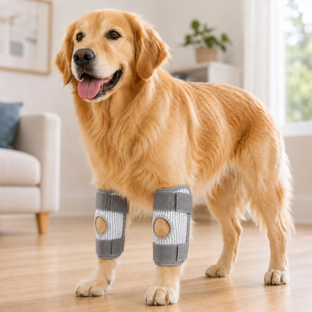 Adjustable dog knee brace designed for both front and rear legs, featuring a breathable 3-layer support system to enhance mobility and comfort for injured or recovering 11